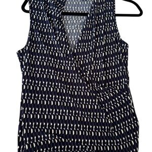 Tahari Navy and White Patterned Sleeveless Plunging Vneck Top Blouse size Large